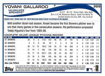 Yovani Gallardo 2014 Topps #388 Red Foil Milwaukee Brewers - Bild 2 von 2