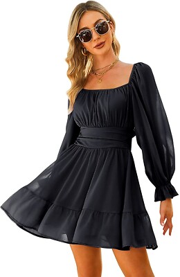 EXLURA Women's Size Small Black Chiffon Ruffle Long Sleeve Flowy A