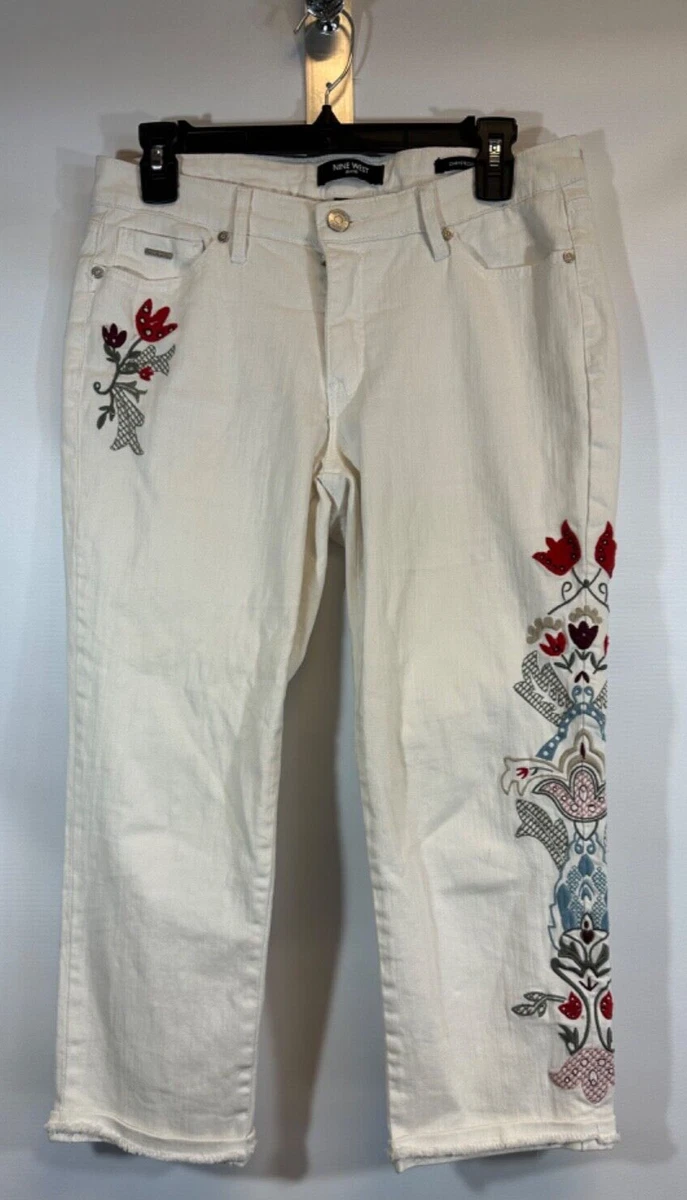 ubemandede lommelygter hænge NINE WEST Women&#039;s White Capri Jeans Sz 6 Floral Embroidered Chrystie  Luxe A37 | eBay