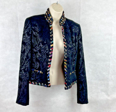 Alberto Mikali Velveteen Embelished Cropped Black Lined 80's Style Jacket Size S