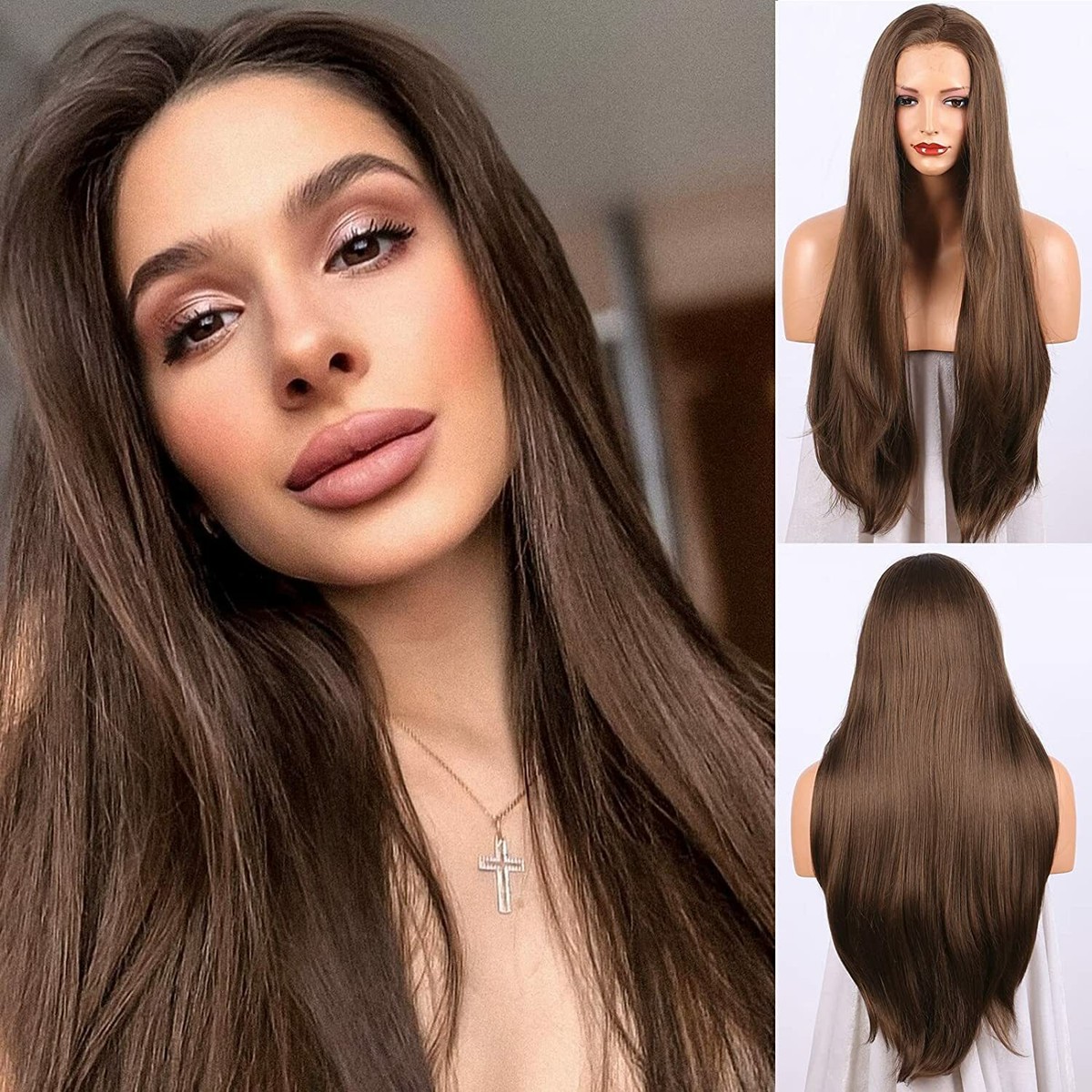 Long Women Brown Straight Synthetic Hair Full Wig Dark Brown Synthetic Lace Front Wig | Long Straight  main image 2