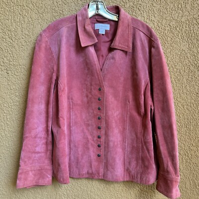 C.J. Banks Pig Suede Leather Snap Closure Coral Slit Sides Lined Jacket Size 1X