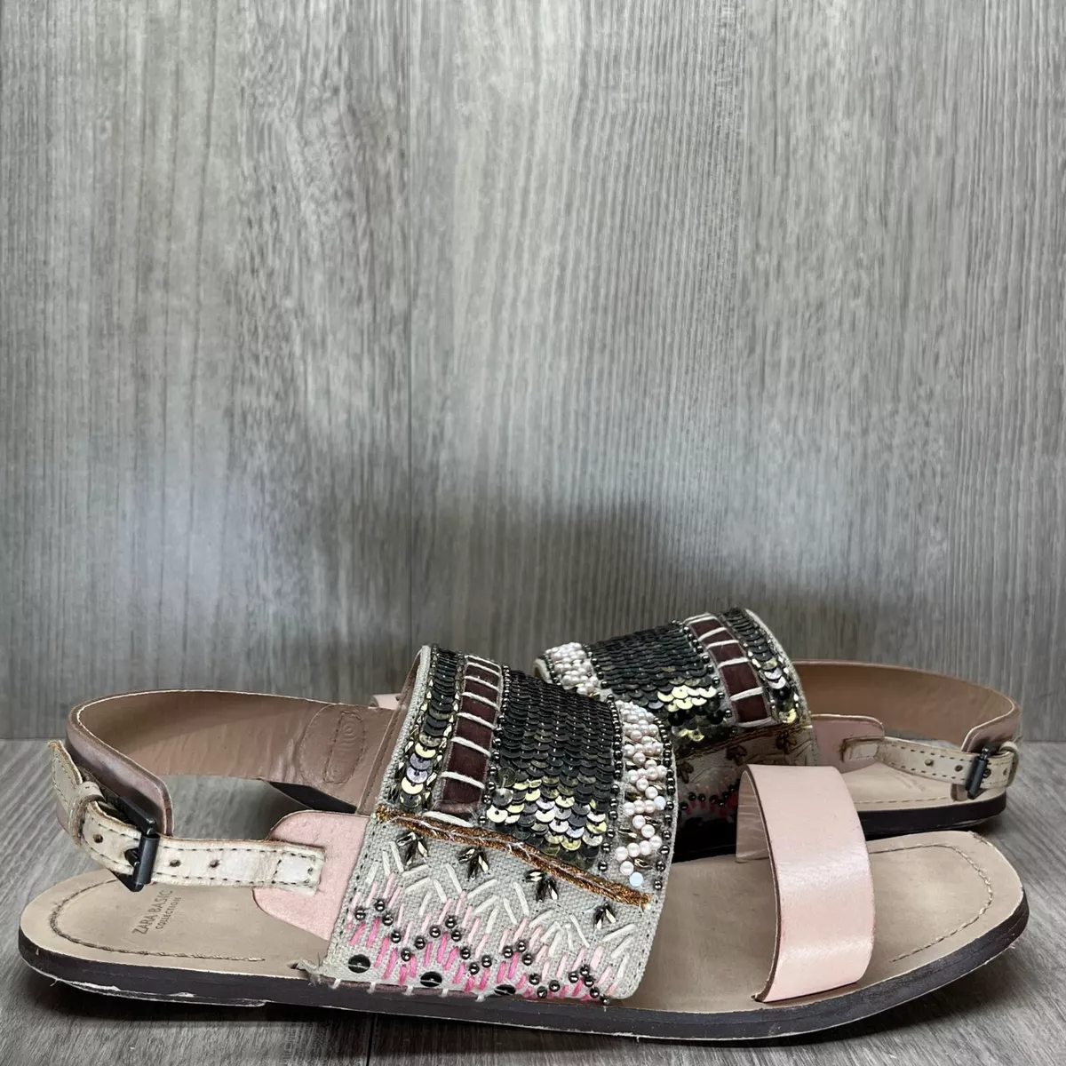 ZARA Basic Sandals Size 40 US 9.5 Boho Sequin Embellished