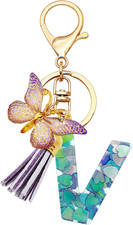 Initial Letter Keychains for Girls Women Pink Purple Green Cute Butterfly Heart