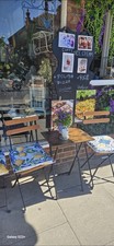 Folding Metal & Wood 3pc Bistro Set Square Table 2 Chairs with Cushions