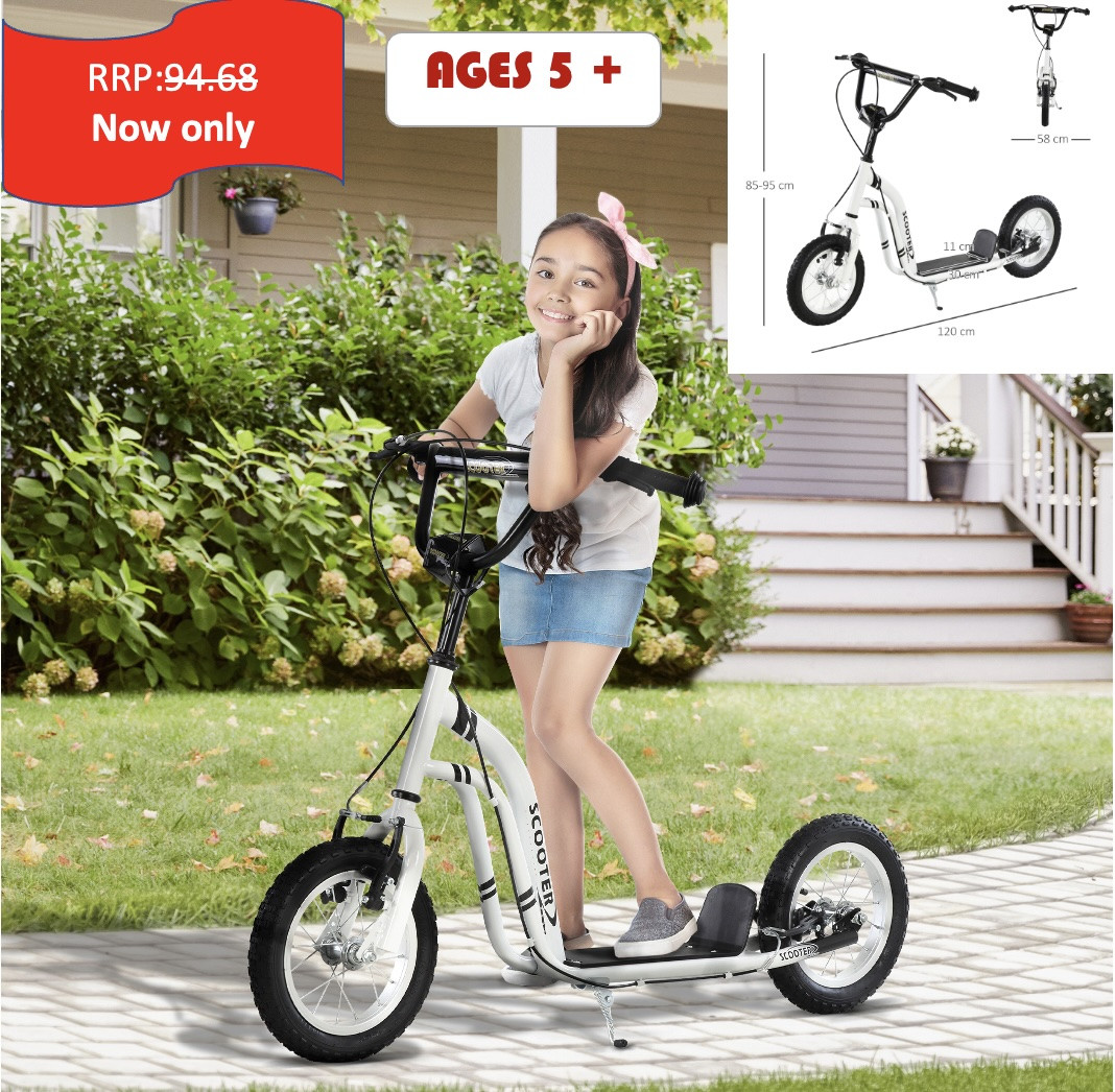 Dual Brakes Kick Scooter 12-Inch Inflatable Wheel Ride On Toy HOMCOM