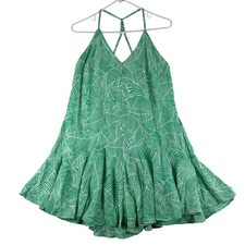 Blues & Greys Dress Womens Small Green Leaf Print Strappy Ruffle Hem Lined Swing
