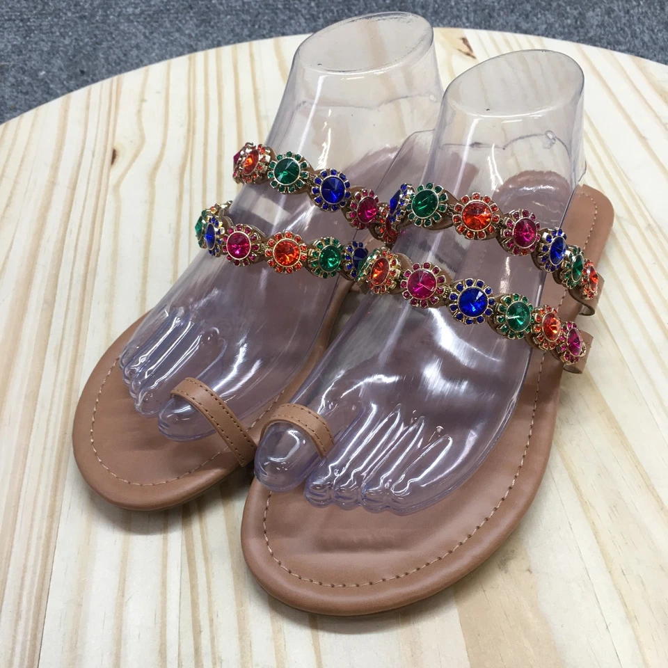 NUEVAS Sandalias Thalia Sodi Para Mujer 8.5 M Joya Estrás Puntera Lazo Planas Deslizables Marrón Foto 3 de 4