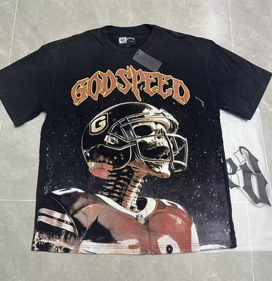 NEW Godspeed Hip hop skeleton baseball player pattern Tee Washed Mens T-shirt