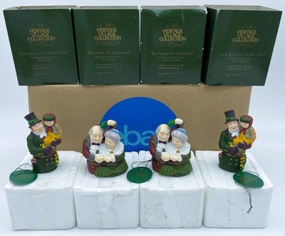 Dept 56 Heritage Village Hinged Figures 4 Lot Spirit of Christmas & God Bless Us