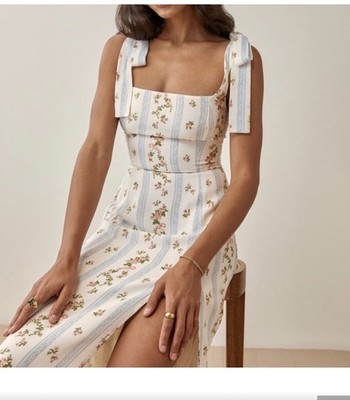 Women Reformation Square Neck Floral Backless A-line Slip Midi Dress