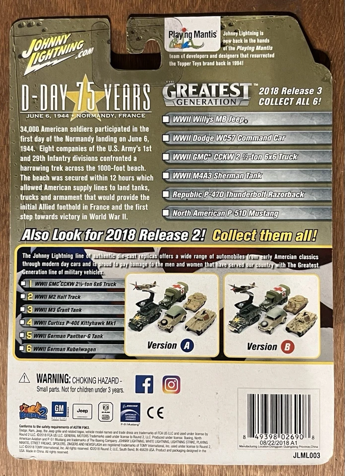 Johnny Lightning D-Day 75 Years 2018 WWII M4A3 Sherman Tank #4 White CHASE - Image 2 of 2