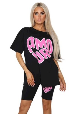 Damen Oversized Amour Spruch Seitenschlitz Radshorts & T-Shirts Co-ord 2er Set