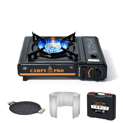 Campy Pro 3-in-1 Camping Cooking Set | Portable Gas Stove+Grill Pan+Windshield