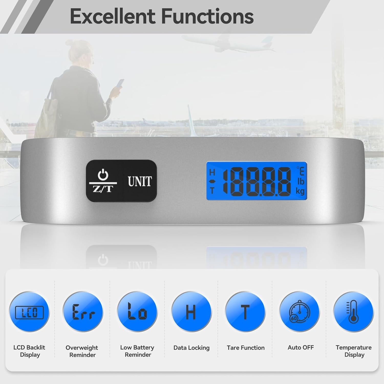 Dr.meter Luggage Scale 110lb/50kg Digital Travel Weight LCD Silver