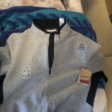 Reebok Men's Gray Fleece 1/4 Zip Sweatshirt, Reflective, Mock Neck, Size L