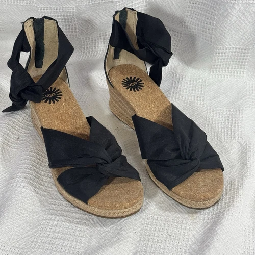 Sandali UGG Traci espadrillas cinturino alla caviglia zeppa nero 7 5 tessuto paglia usati in ottime condizioni