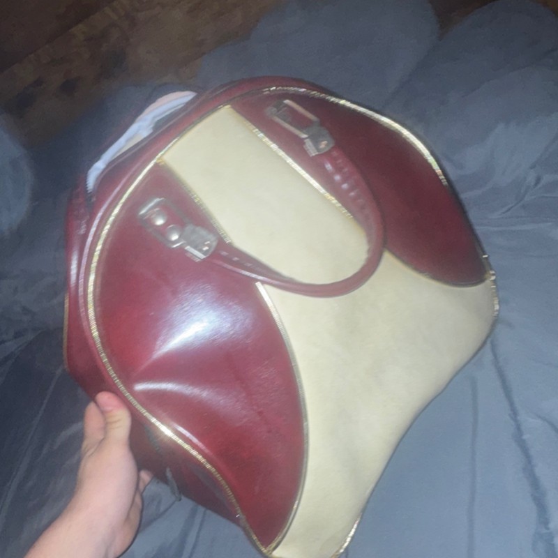 Red Beige Faux Leather Bowling Bag with Carry Handle Zip Closure Unisex Adult