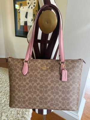 Coach Gallery Tote Khaki Pink Signature Canvas Leather Bag NEW | eBay