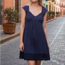 Vintage DKNY Jeans Y2k Babydoll 90s Navy Blue Midi Dress Metallic Size S