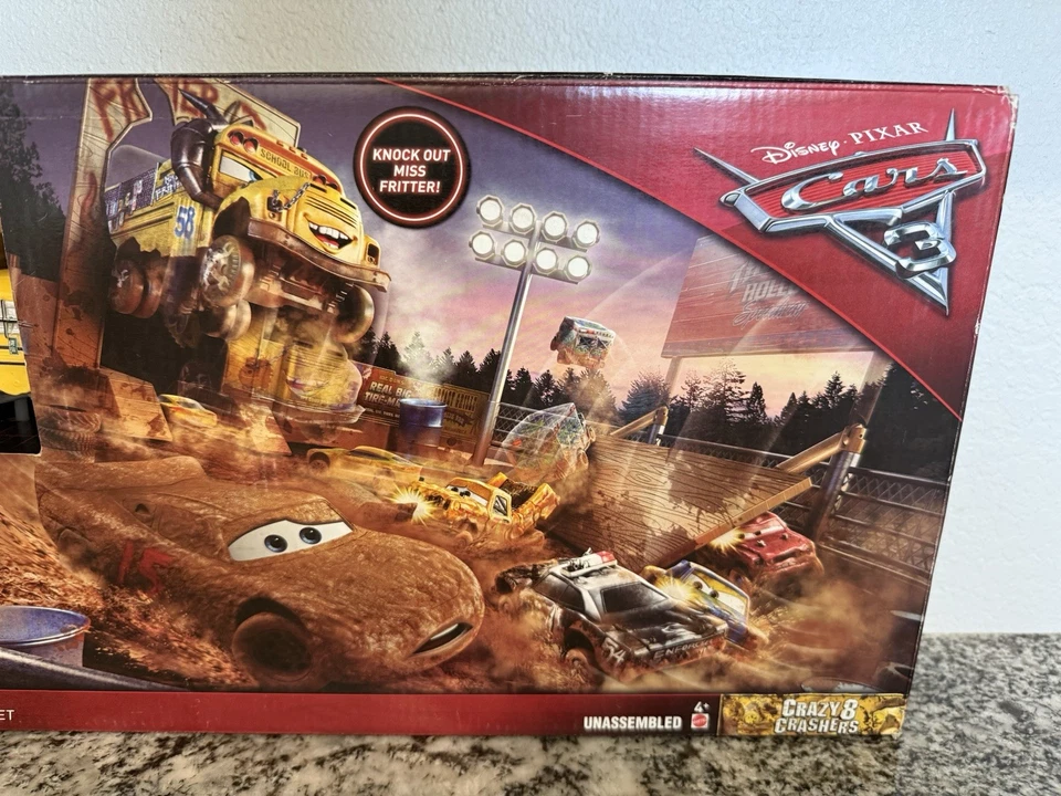 Cars 3 Smash and & Crash Derby Playset Crazy 8 Crashers w/ Miss Fritter Bus -New - Image 4 of 4