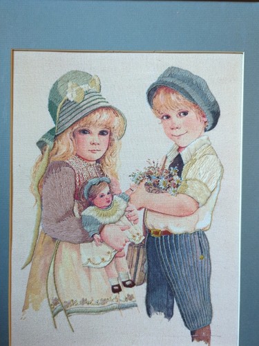 Vintage Yarn Embroidered Cloth Girl Boy with Doll & Flowers Framed Cottage Core - Picture 4 of 6