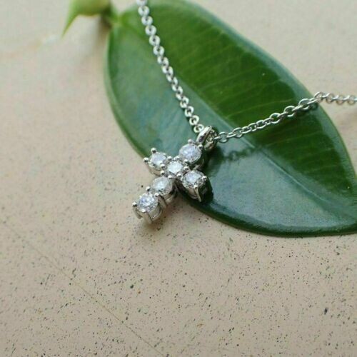 1Ct Round Cut Lab Created Diamond Cross Pendant 14k White Gold Finish Free Chain - Picture 1 of 4