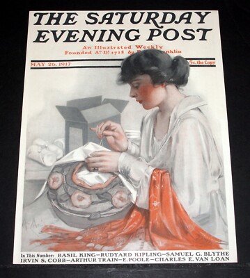 1917, MAY 26, OLD SATURDAY EVENING POST MAGAZINE COVER (ONLY) McMEIN SEWING ART!
