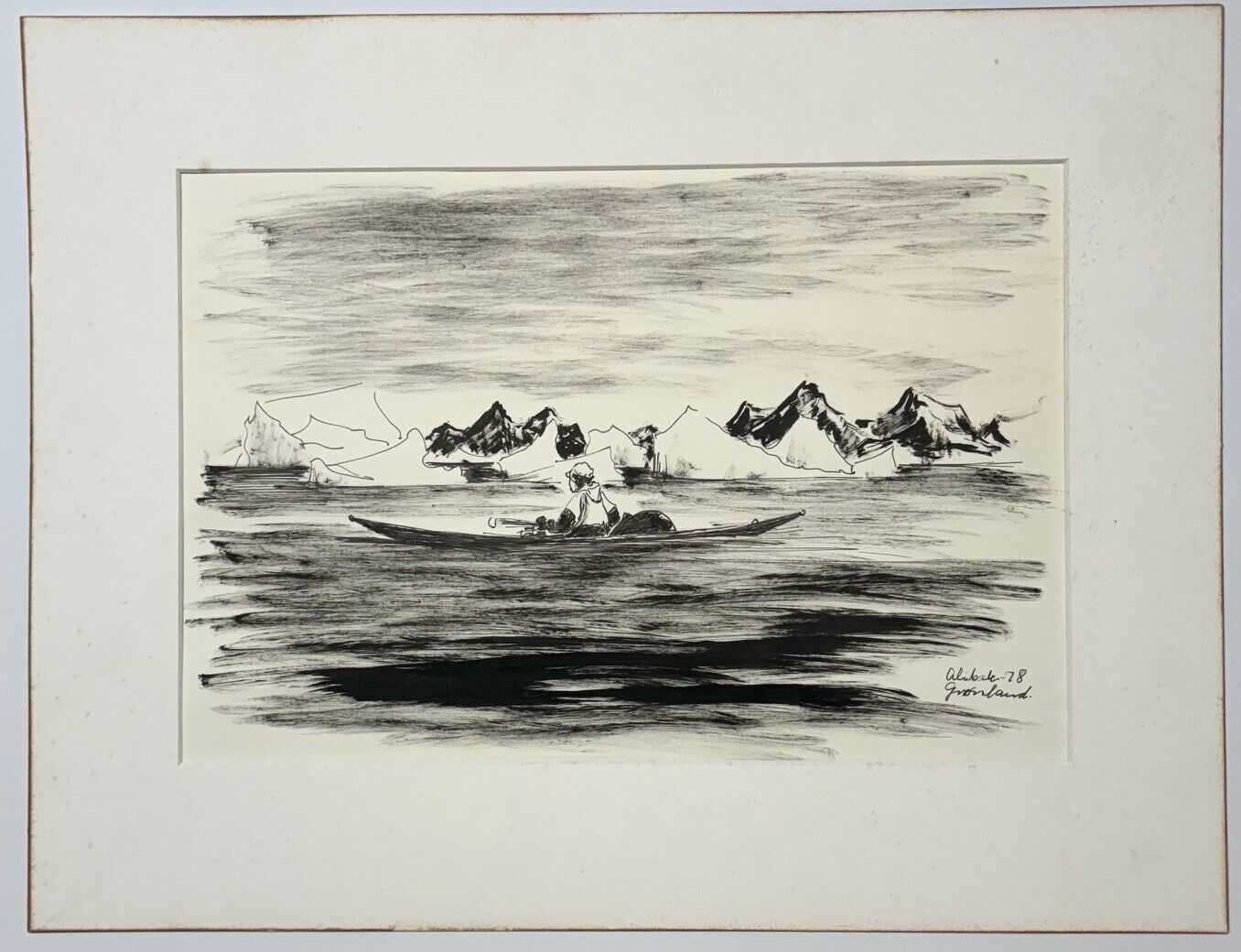 Original 1978 ALIBAK JOHANSEN 'Kayak Fishing in GREENLAND' Landscape INK DRAWING