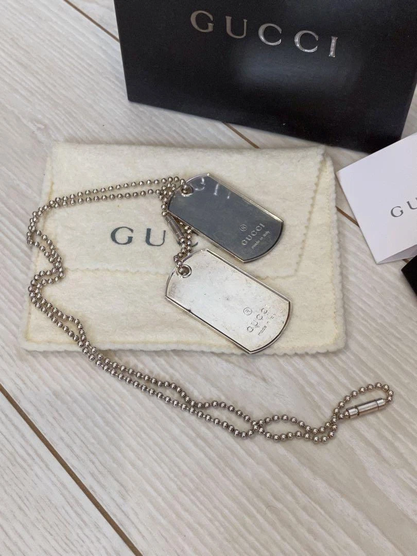 GUCCI Double Dog Tag Collier long homme bijoux argent pendentif authentique avec boîte