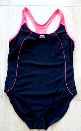 LADIES SLAZENGER BNWOT SIZE 22 BLACK & NEON PINK RACERBACK SWIMSUIT