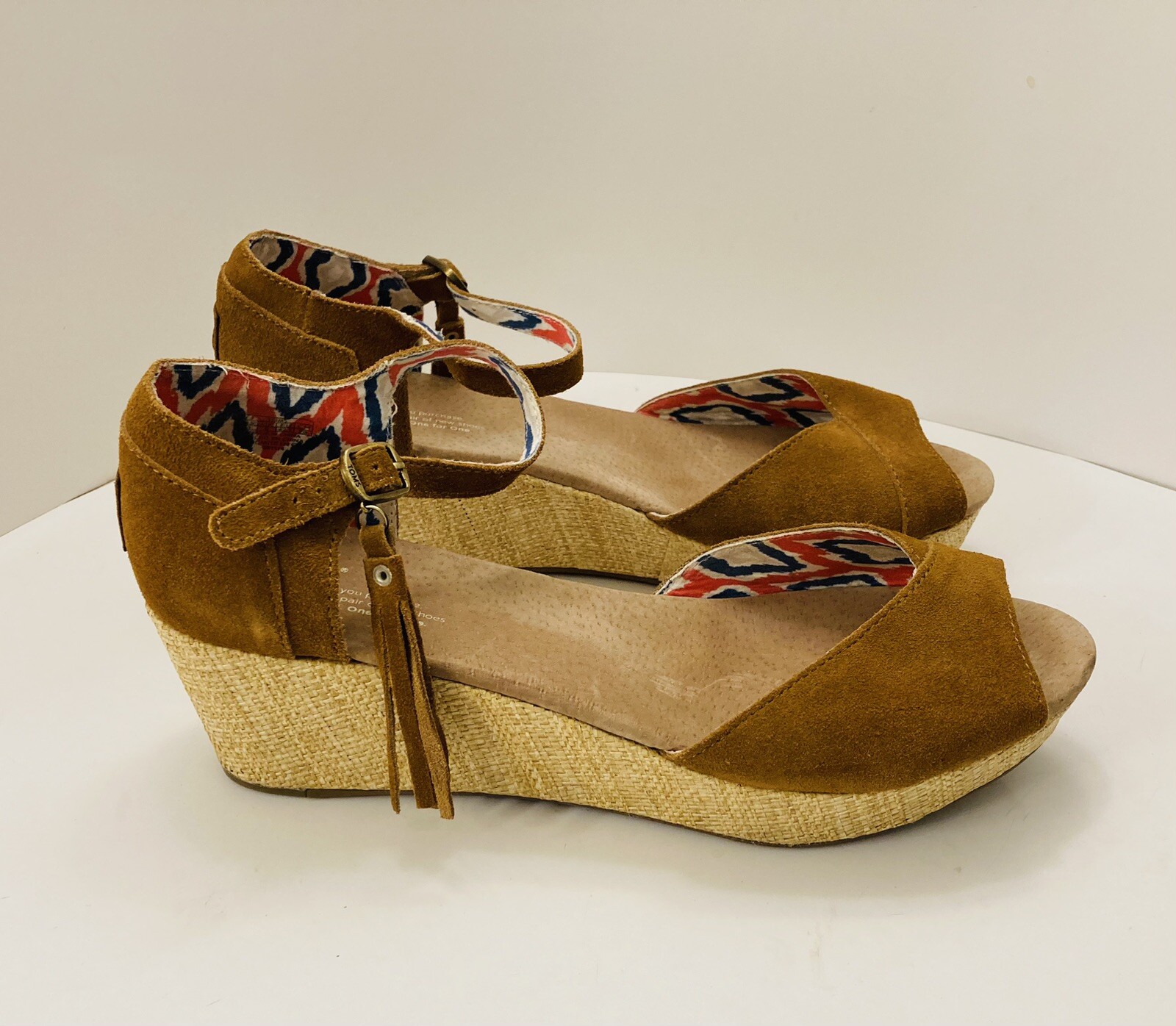 Toms Women's Brown Suede Sandals Wicker Wedge Heels Size 12 | eBay