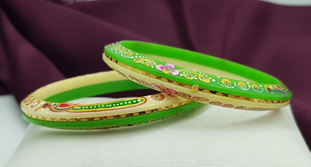 Painting Work 22K Gold Bangle Slip On Plastic Chudi 2pc Real Gold