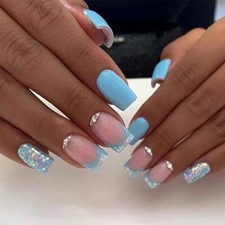 Blue Press on Nails Short Square Fake Nails French Tip False Nails with