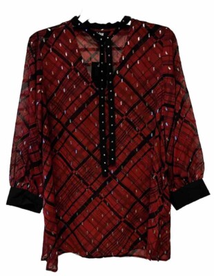 Slim Factor Womens Top Red Black long sleeve Semi Sheer tie neck size Small New!