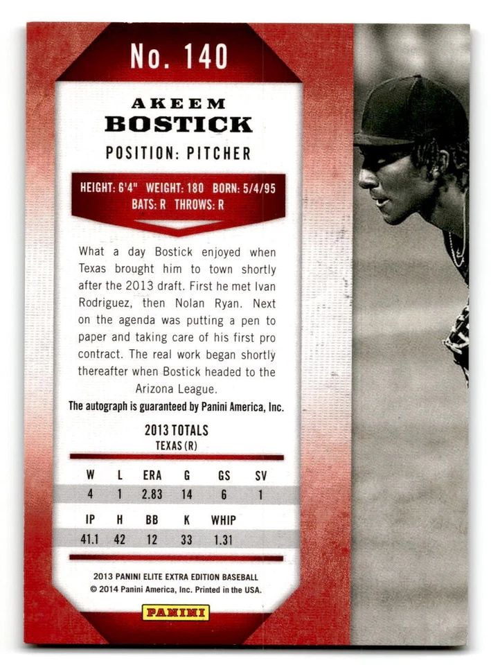 2013 Panini Elite Extra Edition #140 Akeem Bostick #/674 Texas Rangers Auto - Image 2 of 2