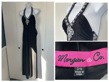 Vintage Morgan Co Prom Dress Maxi Gown 3/4 Black 90s Y2K Goth Glam Embellished