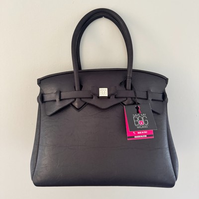 New SAVE MY BAG Black FAUX LEATHER Belted Scuba Foam Bag Satchel Italy Miss Plus