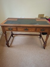 Antique Vintage Writing Desk with 3 Draws, Key, Brass Castors And Leather Inlay