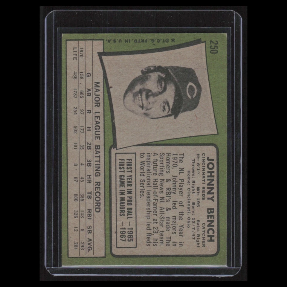 Tarjeta de béisbol Johnny Bench #250 1971 Topps Cincinnati Reds MLB EX Foto 2 de 3