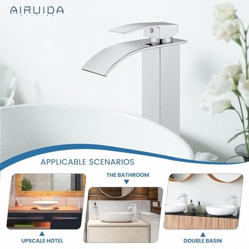 Airuida Waterfall Spout Bathroom Faucet Chrome Polish Single Handle Single Hole Bathroom Sink