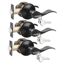  (Pack Entry Door Lever [Lock with Keys],Locking Door Handle Set for 3 Black