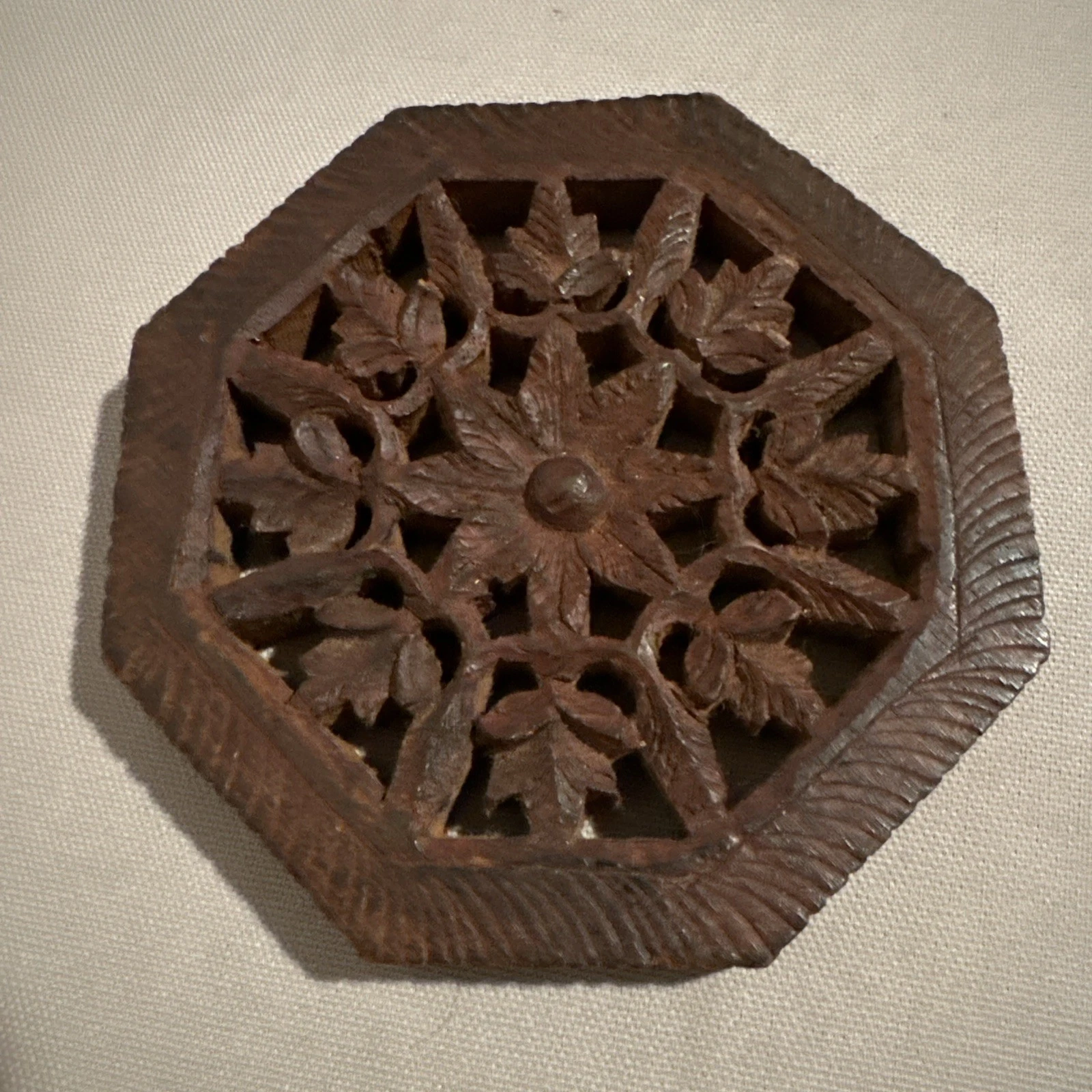 Vintage Octagon-Shape  Carved Wooden Trivet, 5” India image 1