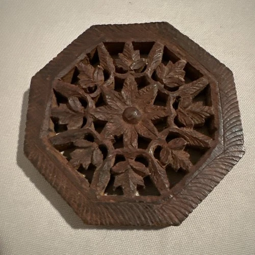 Vintage Octagon-Shape  Carved Wooden Trivet, 5” India - product listing photo