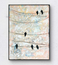Birds on a Wire Original Mixed Media Painting Abstract Bird Wall Art