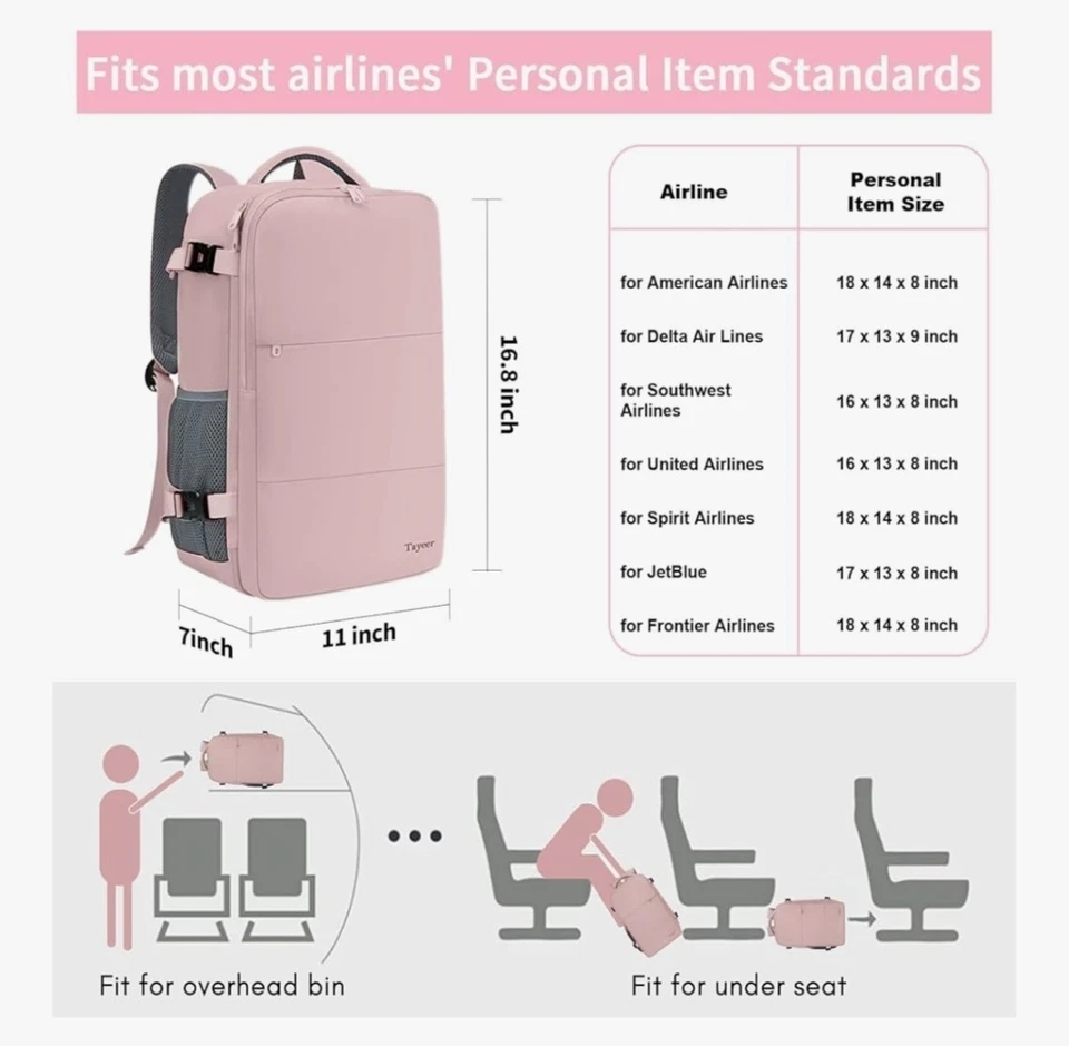 Mochila de Viaje para Mujer, Portátil de 15.6", Puerto USB, Bolsa para Zapatos, Aprobada por la TSA, Rosa Foto 2 de 4