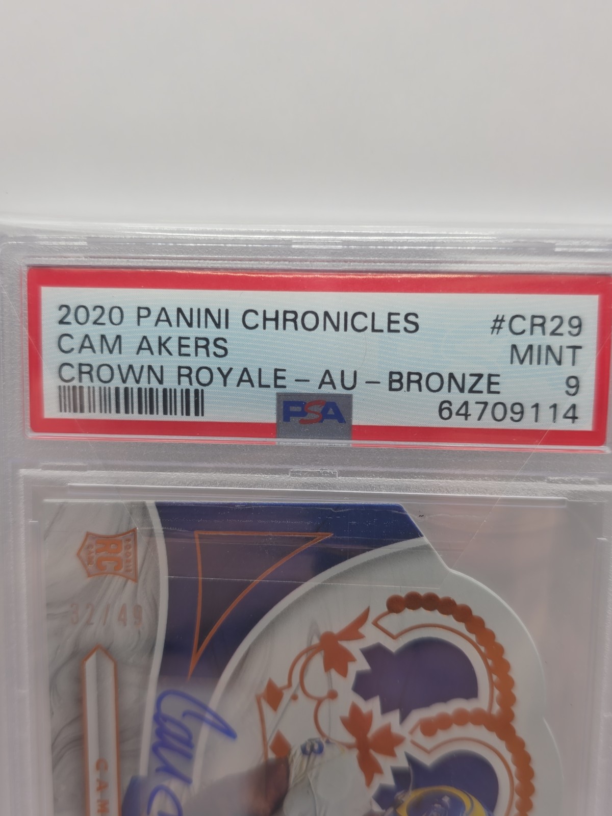 2020 Panini Chronicles #CR29 Crown Royale Cam Akers RC 32/49 Auto PSA 9  Pop 1  view 3
