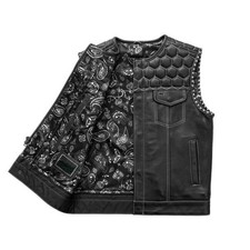 Men Leather Motorcycle Vest Paisley Biker Club Riding Waistcoat Hexagon Stitch