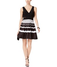 XSCAPE Womens Striped Mini Fit & Flare Dress, Black, 2