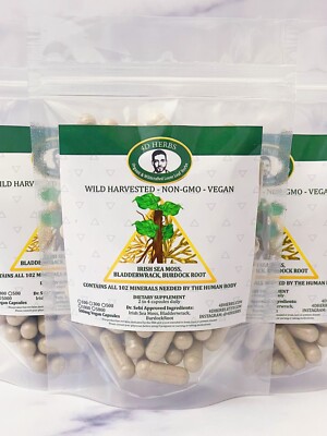 Organic Irish Sea Moss Bladderwrack Burdock Root Capsules Dr Sebi Approved 300ct